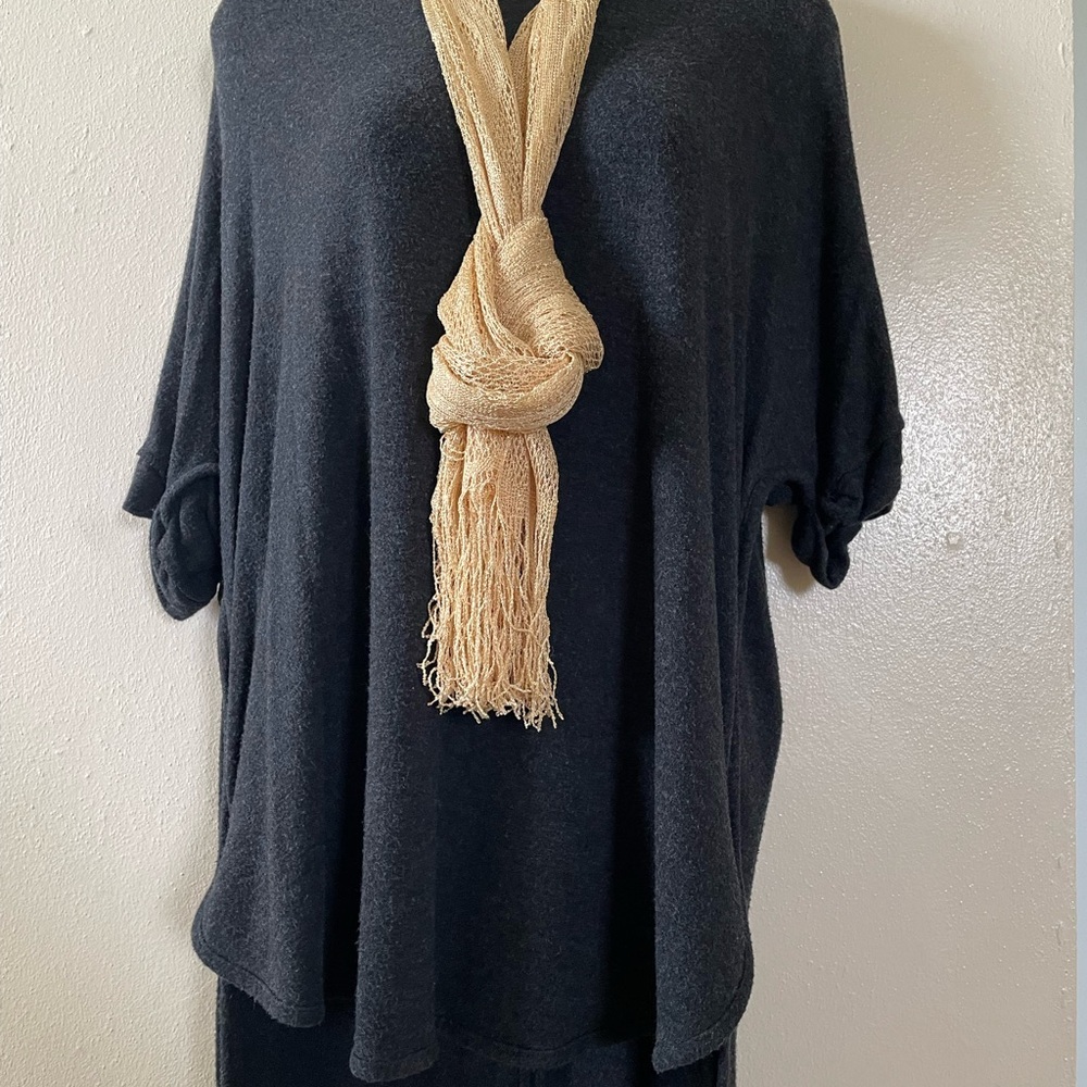 Gold Lace Knit Shawl with Asymmetrical Design - Picture 4 of 15